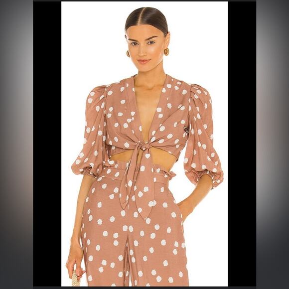 Jonathan Simkai Adria Puff Sleeve Crop Top Polka Dots Teak & White small - Picture 1 of 6